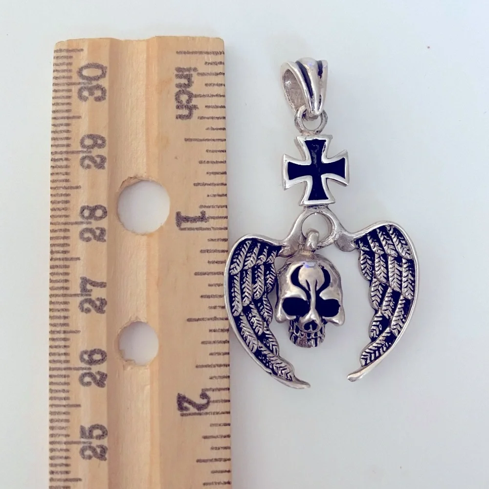 925 Silver skull angel wings pendant iron cross